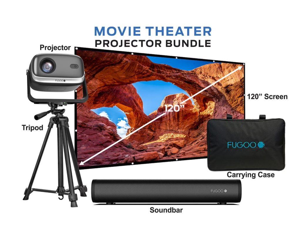 Fugoo Outdoor Projector & Soundbar Bundle with Tripod & 120" Foldable Screen