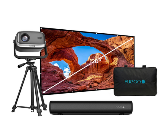 Fugoo Outdoor Projector & Soundbar Bundle with Tripod & 120" Foldable Screen